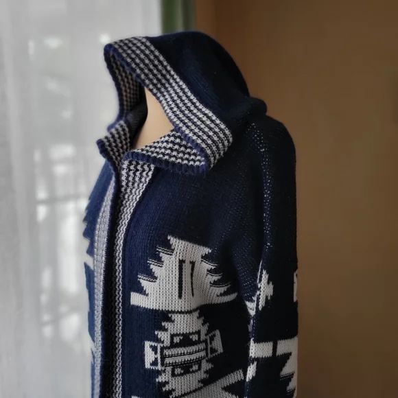 Hippie Rose Navy Blue & White Aztec Hooded Cardigan Sweater, Size Large - Picture 4 of 9